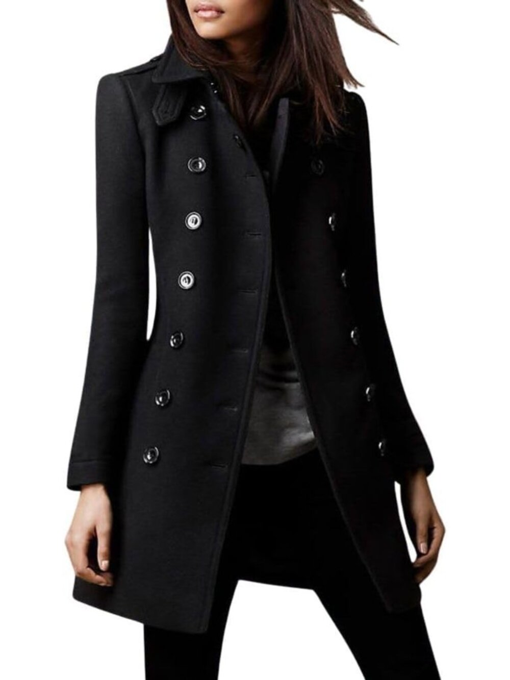 Wool Blend Double Breasted Pea Coat Black Elegant Collar Winter Trench